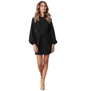 Fashion Dress Black Long Lantern Sleeve Crewneck Tie Waist Mini Dress Medium NEW